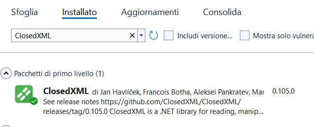 Figura 1 – L’aggiunta del progetto del pacchetto ClosedXML