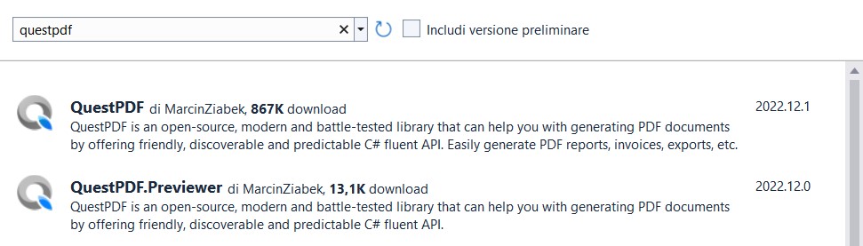 Figura 2 – L’aggiunta al progetto del riferimento al componente QuestPDF.