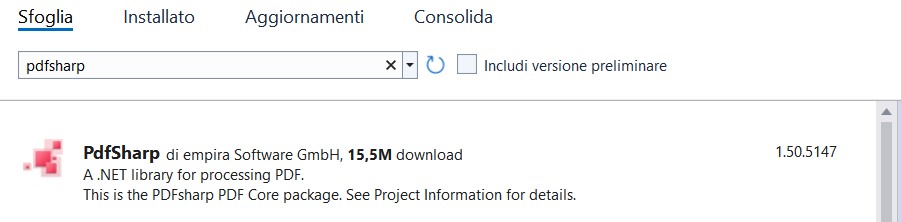 Figura 2 – Il componente PdfSharp dalla finestra Nuget.