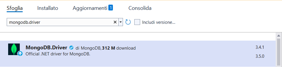 Figura 3 – L’aggiunta del pacchetto MondoDB.Driver