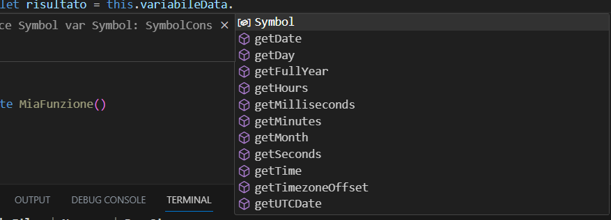 Figura 4 – I metodi di una variabile di tipo Date.