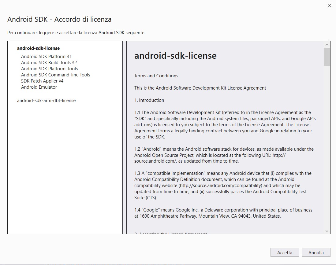 Figura 5 – La richiesta di accettare licenza di Android.