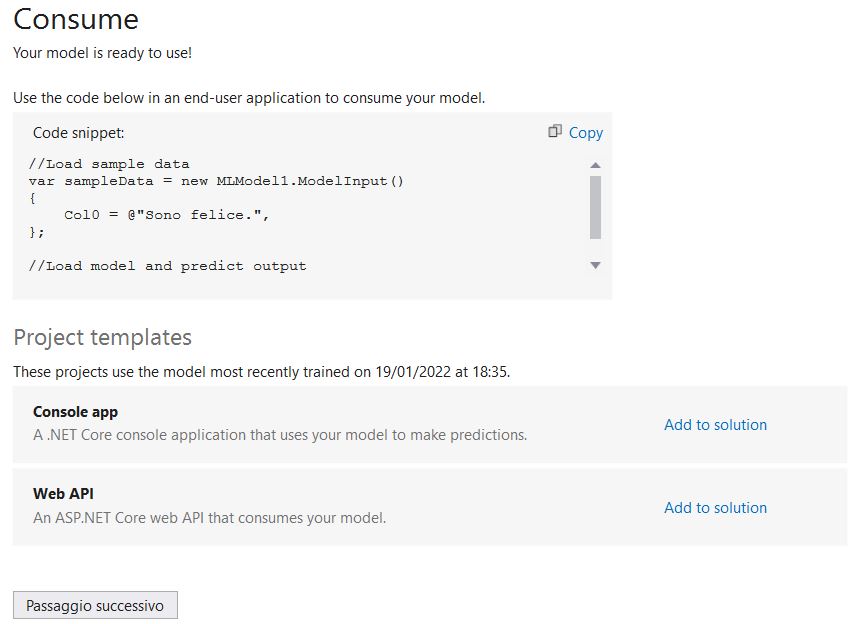 Codice per consumare il modello dati
