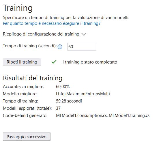 Risultati training del modello dati