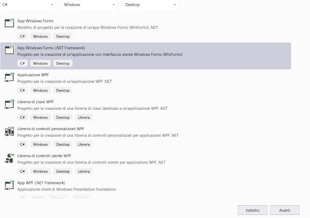 selezione del modello per le Windows Form