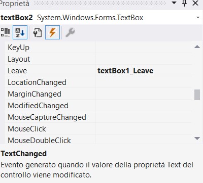 La finestra delle proprietà per impostare l evento di perdita del focus