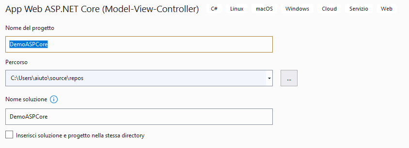 Schermata di creazione progetto App Web ASP.Net Core